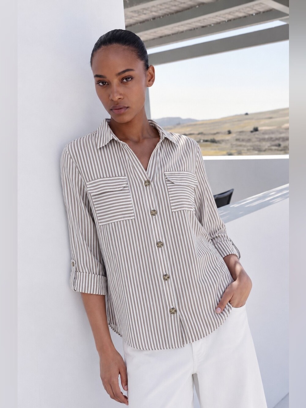 Vero Moda | Striped Utility Button-Up Shirt 100% Viscose, Size M